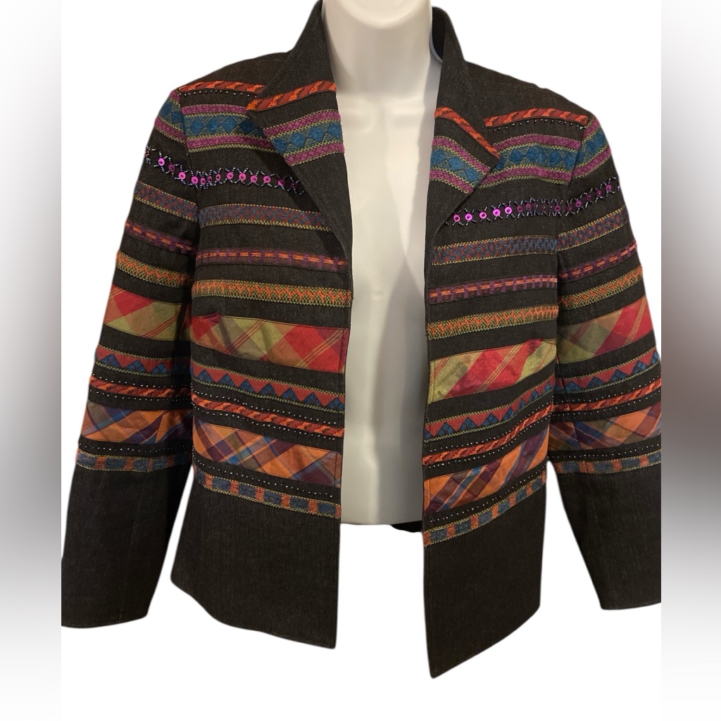 Coldwater Creek Womens Dark Denim Jacket Sz 8 Sequins Beaded Multicolor